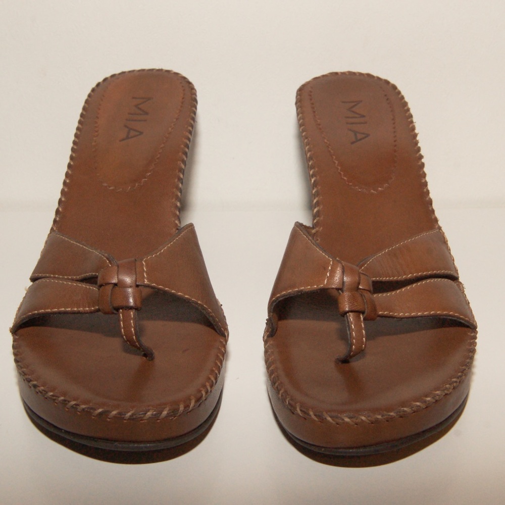Brown leather slide heeled sandal